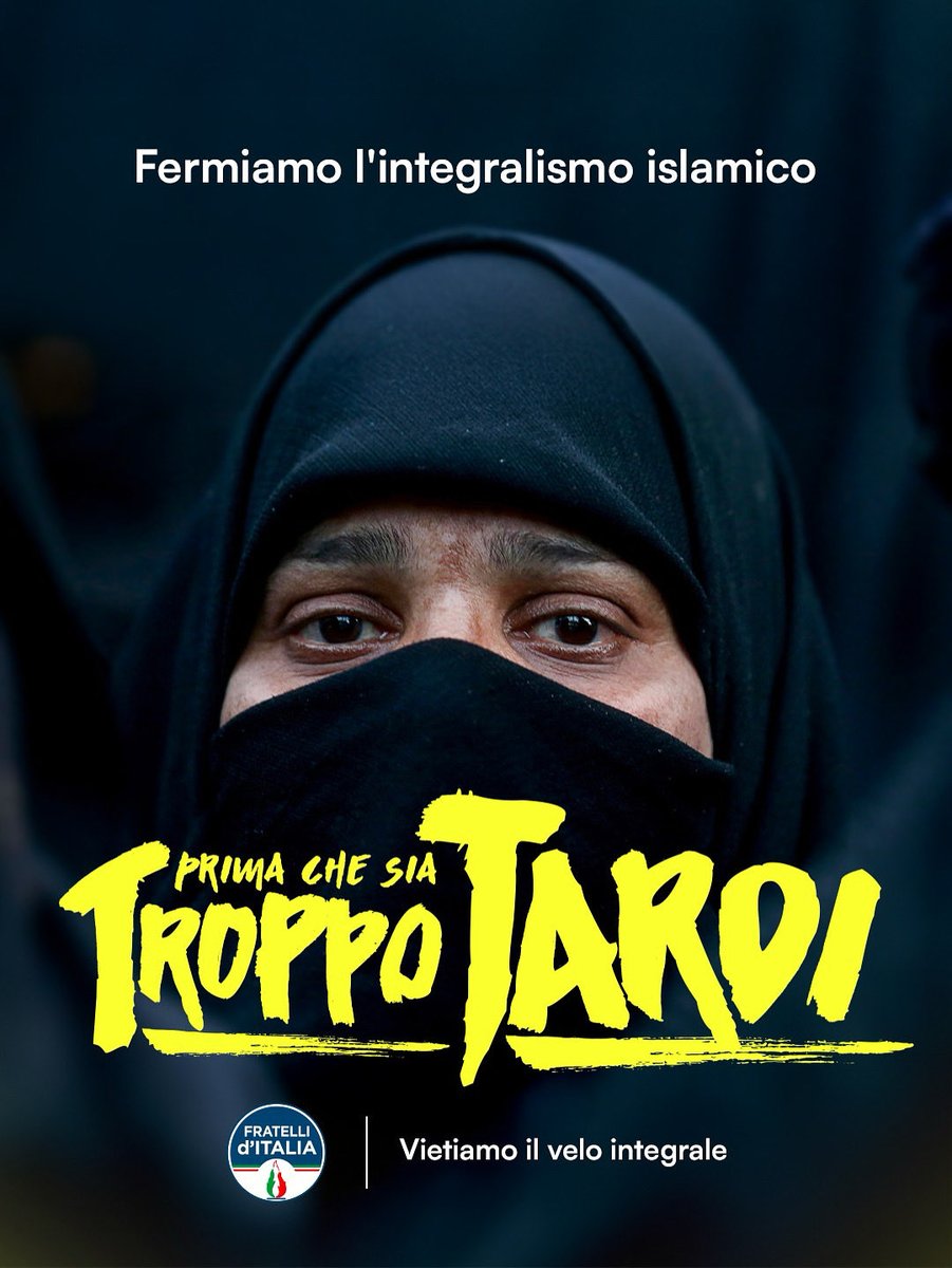 FratellidItalia's tweet image. Difendere la libertà delle donne, la sicurezza della Nazione e l’identità italiana non è una scelta: è un dovere.
Con la nostra proposta di legge contro l’integralismo islamico, che vieta, tra le altre cose, gli indumenti che impediscono il riconoscimento del volto, diciamo…
