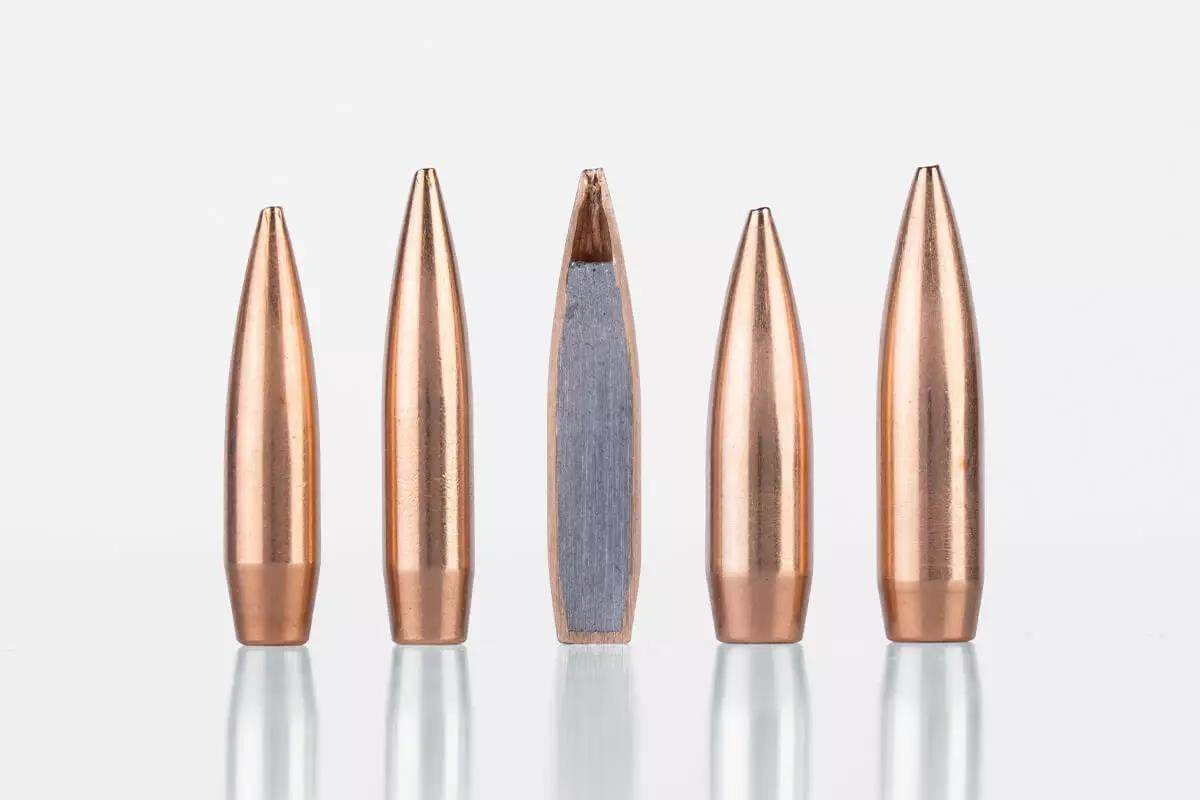 Sierra’s new MatchKing X hunting bullet is designed for extreme accuracy and excellent aerodynamics. As shown by the sectioned bullet (c.), MKX jacket walls are thin, which means the bullet will have explosive expansion on impact.