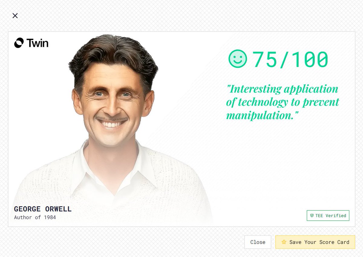 Digital Twin of George Orwell on Arweave.

In Animal Farm, the pigs rewrote the rules to control the others, but if those rules were immutably stored on Arweave, the truth couldn’t be changed.

Freedom begins with thought.

Great ship by <a href="/apus_network/">Apus Network</a> → twin.ar.io