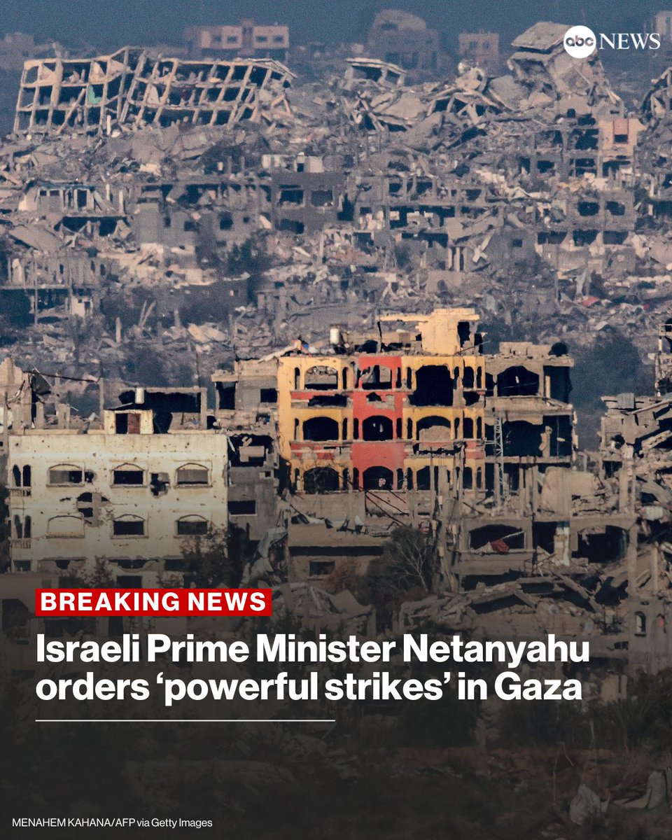 ABC's tweet image. BREAKING: Israeli Prime Minister Netanyahu has instructed the IDF to "carry out powerful strikes in Gaza," the prime minister's office said.
Read more: abcnews.link/U2AM32o