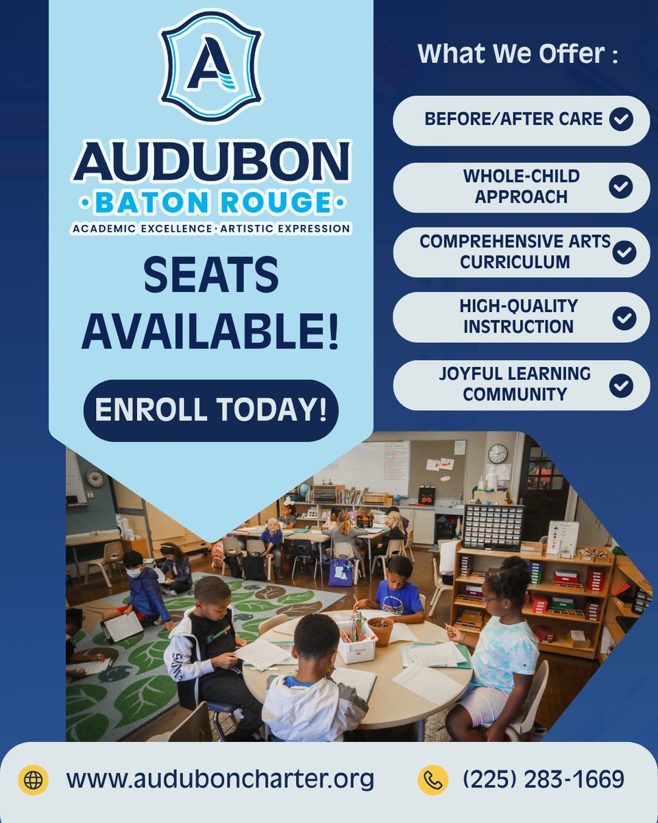 Looking for a school that celebrates both academic excellence and artistic expression? At Audubon Baton Rouge, students thrive in a learning community where the whole child is supported through high-quality instruction and a comprehensive arts curriculum.
📲 Enroll today!