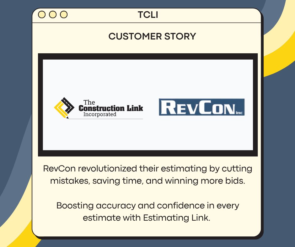TCLI_Software's tweet image. RevCon, Inc. revolutionized their estimation accuracy with Estimating Link. 

See how they cut errors and boosted confidence in their bids →
hubs.la/Q03NLh1V0
