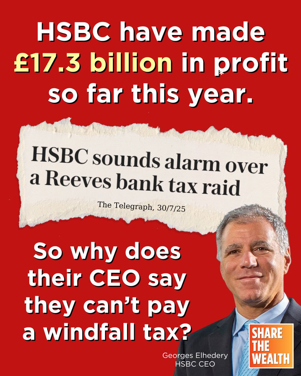 NEW: HSBC have made £17.3 billion in profit so far this year, according to latest figures released today.

But their CEO has warned the government not to introduce a new windfall tax on the banks.

When HSBC are making such big profits, why can't they pay a windfall tax?