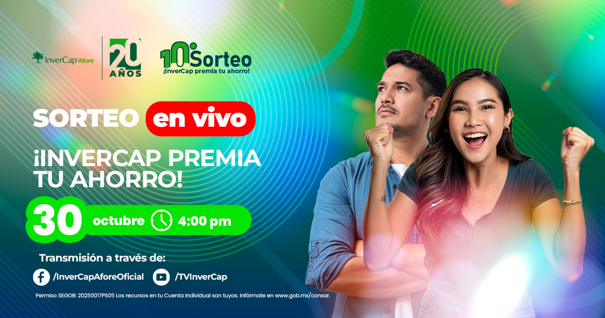 Afore_InverCap's tweet image. En InverCap Afore celebramos contigo el esfuerzo de ahorrar para tu futuro. 💚

Este 30 de octubre a las 4:00 p.m., acompáñanos en el 10° Sorteo ¡InverCap premia tu ahorro!🎁
¿Podrías ser uno de los ganadores ? 😱✨

Conéctate a nuestra transmisión en vivo por:
➡️ Facebook:…