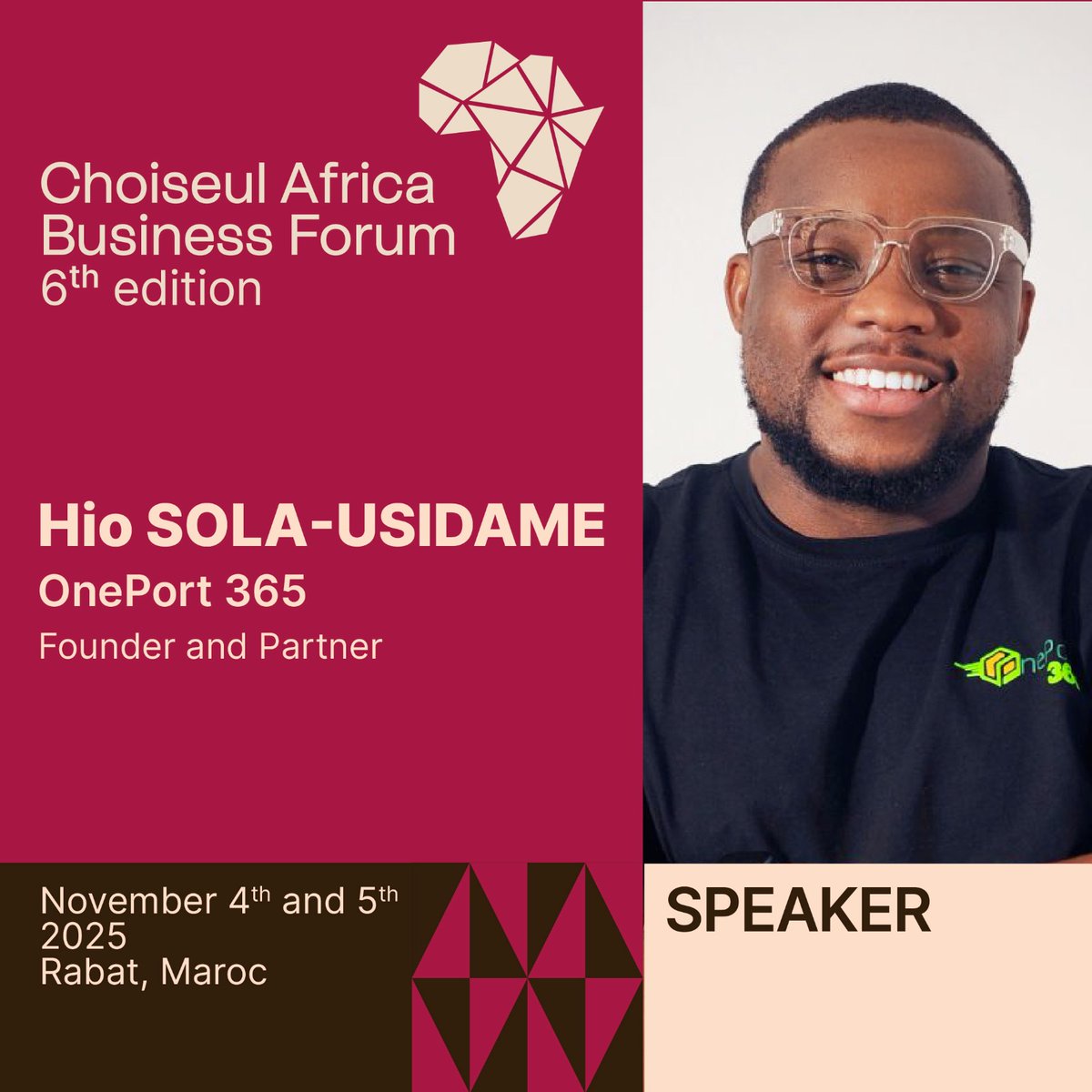 We are proud to share that our CEO will be speaking at the #ChoiseulAfricaBusinessForum in Rabat, Morocco (Nov 4–5)

He will join Africa’s top leaders to discuss digital innovation shaping the future of trade

Learn more here: choiseul-africa-businessforum.com

#OnePort365 #TradeInnovation