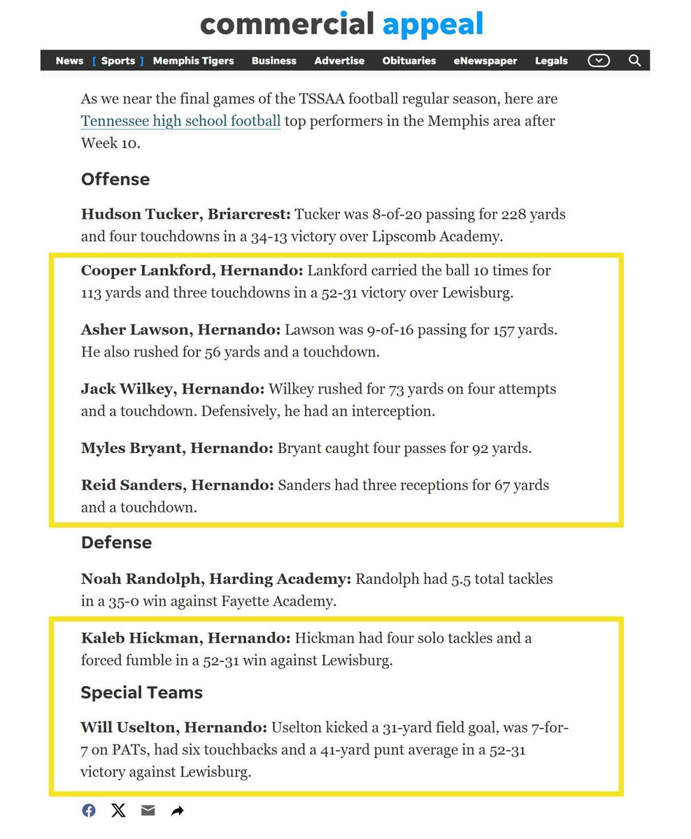 Congratulations to Hernando Tigers Cooper Lankford, Asher Lawson, Jack Wilkey, Myles Bryant, Reid Sanders, Kaleb Hickman and Will Uselton on being named Top Performers by The Commercial Appeal this week! These guys played an outstanding game in the win over Lewisburg. #NNEQ