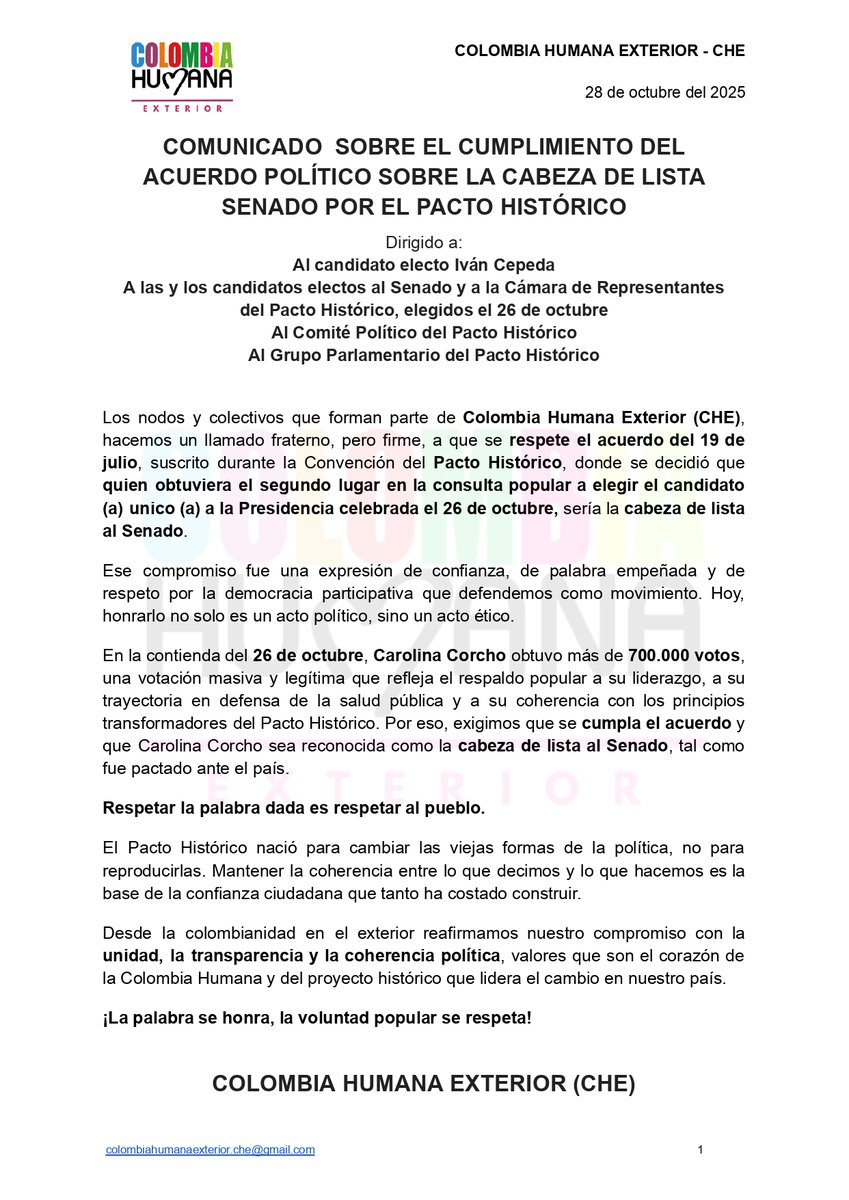 PactoUK's tweet image. ⚠️Compartimos el comunciado sobre el cumplimiento y respeto al acuerdo del #PactoHistórico, firmado el 19 de Julio
@carolinacorcho, con más de 700.000 votos, es la legítima cabeza de lista al Senado.
@SoyTathanYate @GustavoBolivar 
@petrogustavo  @PizarroMariaJo @IvanCepedaCast