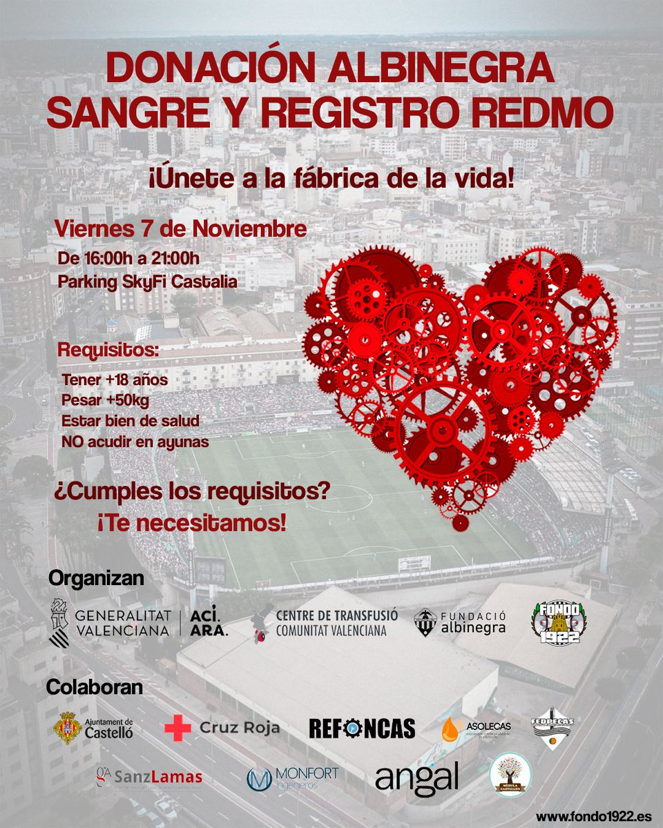 🩸El 7 de noviembre dona sangre y registro REDMO en el Palco VIP del #SkyFiCastalia🏟️ 

Cada donante será obsequiado y entrará en el sorteo de una camiseta firmada

ℹ️ acortar.link/GqOqO3

🤝 <a href="/fondo1922/">FONDO 1922</a>, <a href="/generalitat/">Generalitat</a> y Centre de Transfusió de la Comunitat Valenciana

#PPO👂