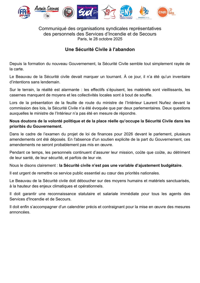 unsa_pompiers's tweet image. 🚨 Une Sécurité Civile à l’abandon ! 🚨

8 OS représentatives interpellent le gouvernement.
Nos services d’incendie et de secours sont à bout de souffle.

Nous rappelons que la Sécurité Civile n’est pas une variable d’ajustement budgétaire.

#SécuritéCivile #Pompiers #SDIS #Pats