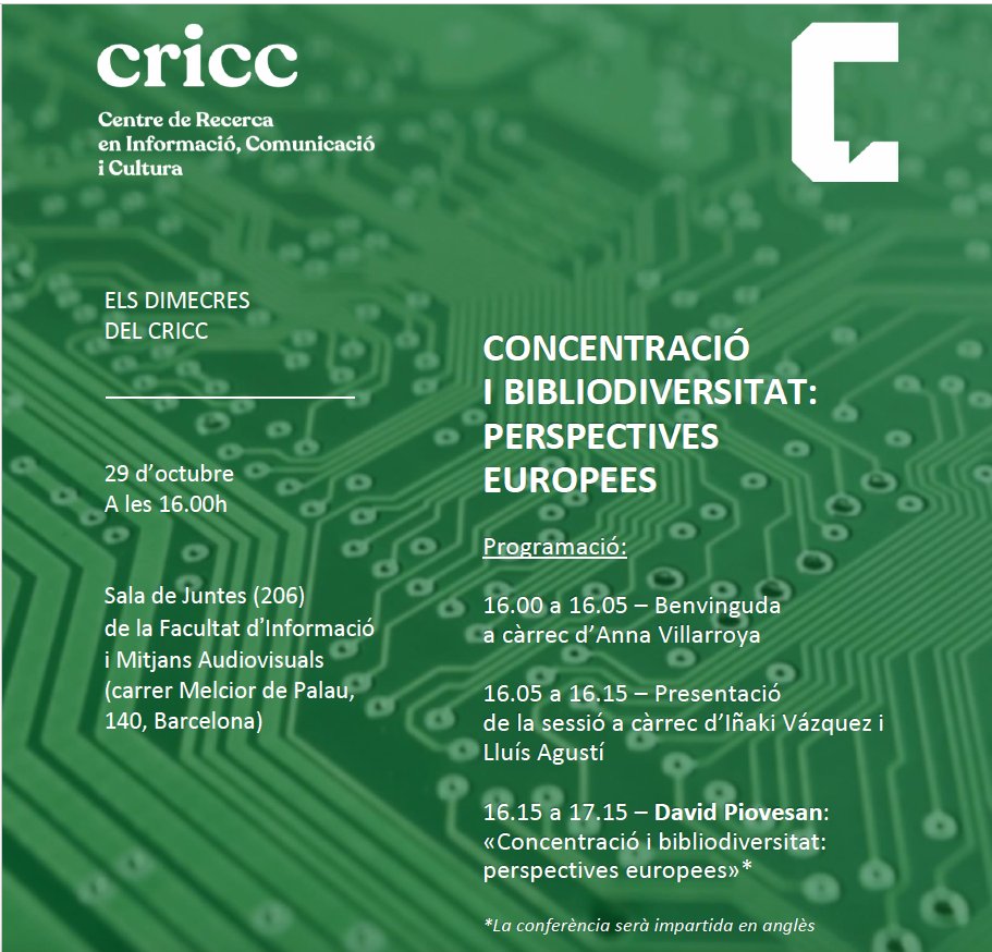 Mañana en Barcelona (29-10-2025) el profesor David Piovesan (Université Lyon 3, Francia) impartirá la conferencia “Concentración y  bibliodiversidad: perspectivas europeas» . Organiza el <a href="/CRICC_UB/">CRICC</a>, presentan:  Anna Villarroya,<a href="/LluisAgusti/">Lluís Agustí</a>   Lluís Agustí, e Iñaki Vázquez. <a href="/EdL_UB/">Escola de Llibreria</a>