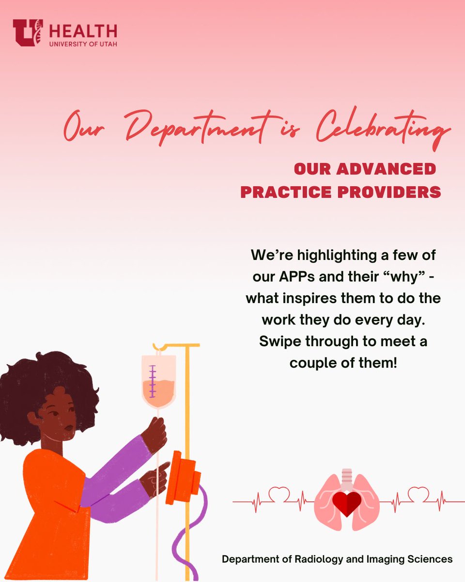 UofURadiology's tweet image. This week we’re celebrating our amazing Advanced Practice Providers — our PAs, RAs &amp;amp; NPs! 💫
They bring expertise, empathy &amp;amp; teamwork to every patient experience in our Department.
Swipe through to read what inspires them in their work! #APPWeek #Radleaders @UofUHealth