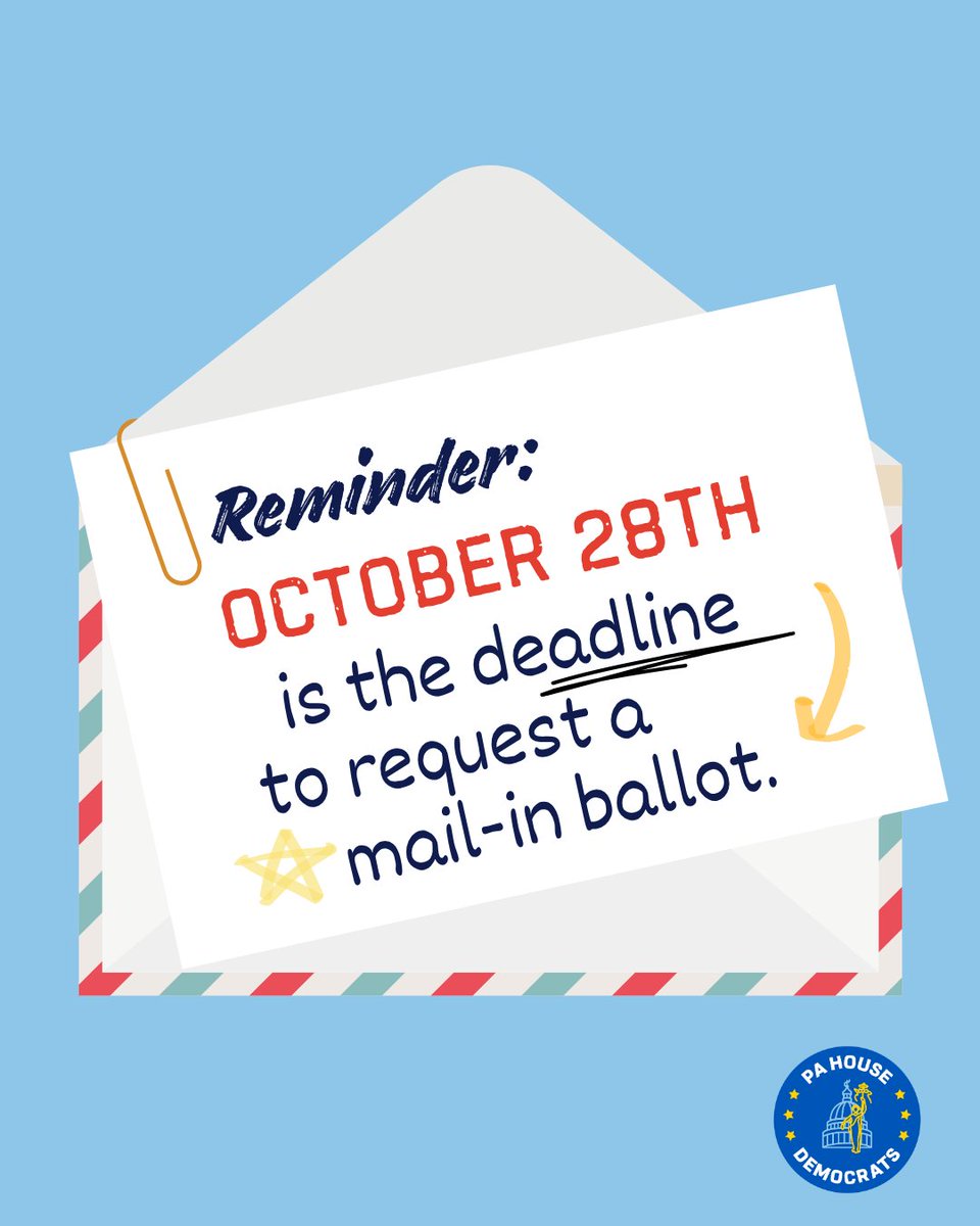 Please be aware that if you plan to vote by mail in the Nov. 4 Municipal Election, the deadline to apply for a mail-in ballot is TODAY, Tuesday, Oct. 28.
pa.gov/agencies/vote/…
