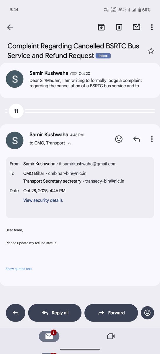 samirmaurya88's tweet photo. @chitraaum Ticket book karne ke baad bus cancel ho jaati hai.
Payment refund nahi milta.
Customer care (mail/call) se koi response nahi milta.
@bsrtc
@News18Bihar
@BiharTransport
@ajashutoshjha 
@ZeeBiharNews 
@CMBiharNK 
@narendramodi @yadavtejashwi @cmbihar https://t.co/JjJEJ3O2w9
