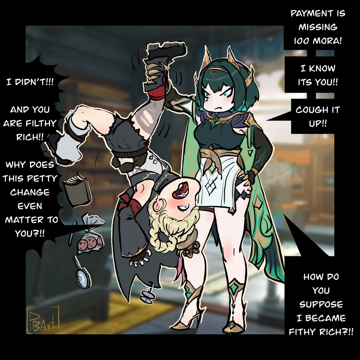 PBArtotaku's tweet photo. Penny pinching filthy rich (Comic by me)
#GenshinImpact #genshinfanart #hoyocreators #PBArt #genshinmemepact #Nefer #Jahoda #genshincomic https://t.co/FPnkFJIIB2