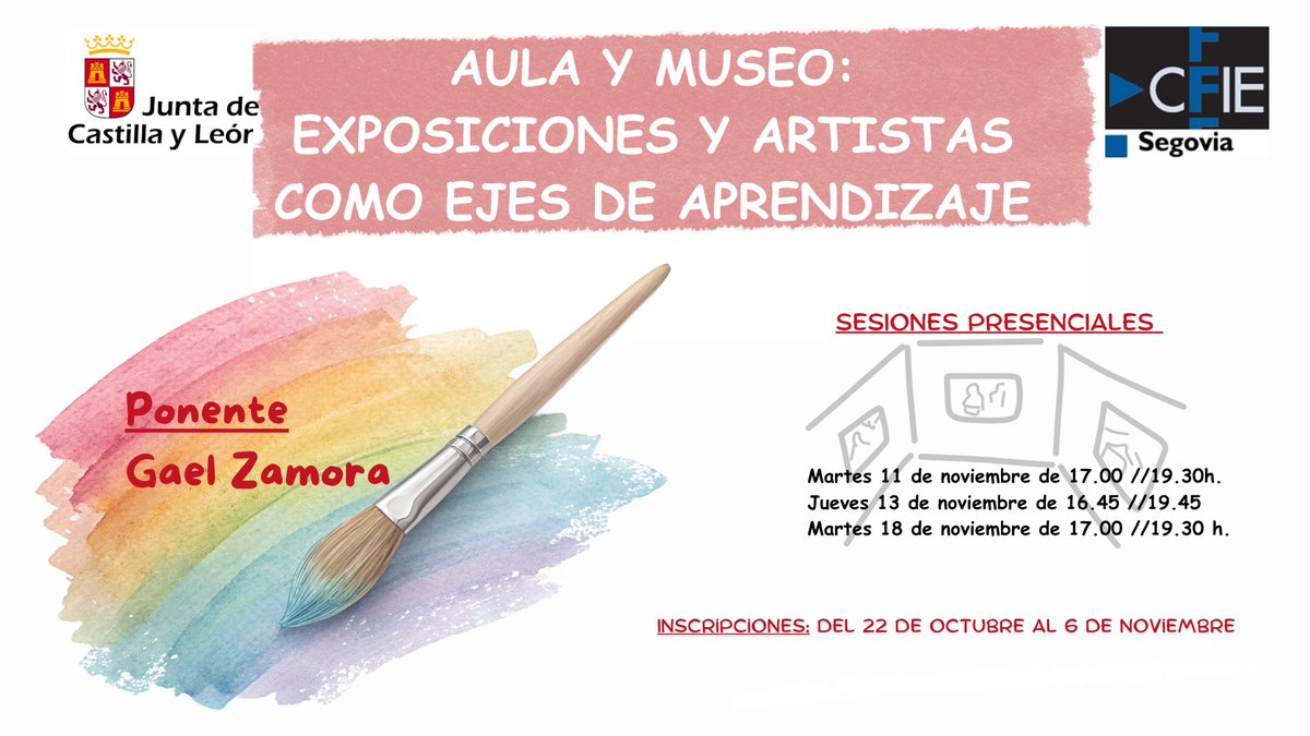 📡🎨Abierto plazo de inscripción para el curso "AULA Y MUSEO: EXPOSICIONES Y ARTISTAS COMO EJES DE APRENDIZAJE"🎨
📌Presencial en <a href="/CFIE_Segovia/">CFIE de Segovia</a> 
📅 11, 13 y 18 de noviembre
✏️ Inscripciones hasta el 6 de noviembre
🔎 Más info: cfiesegovia.centros.educa.jcyl.es/sitio/