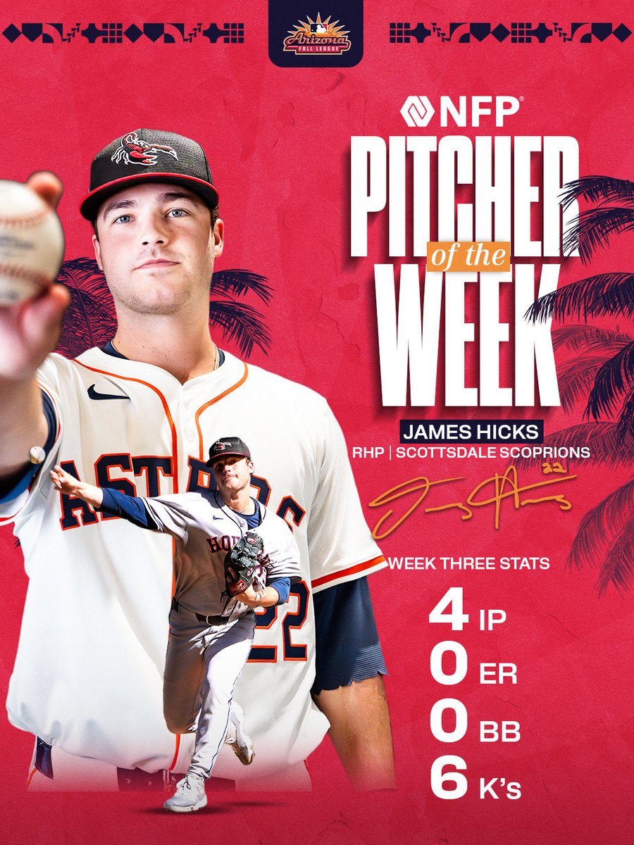 Congratulations to our week three NFP Hitter and Pitcher of the Week! Kevin McGonigle hit .500 going 8-for-16 with two homers and James Hicks struck out six batters in four scoreless innings