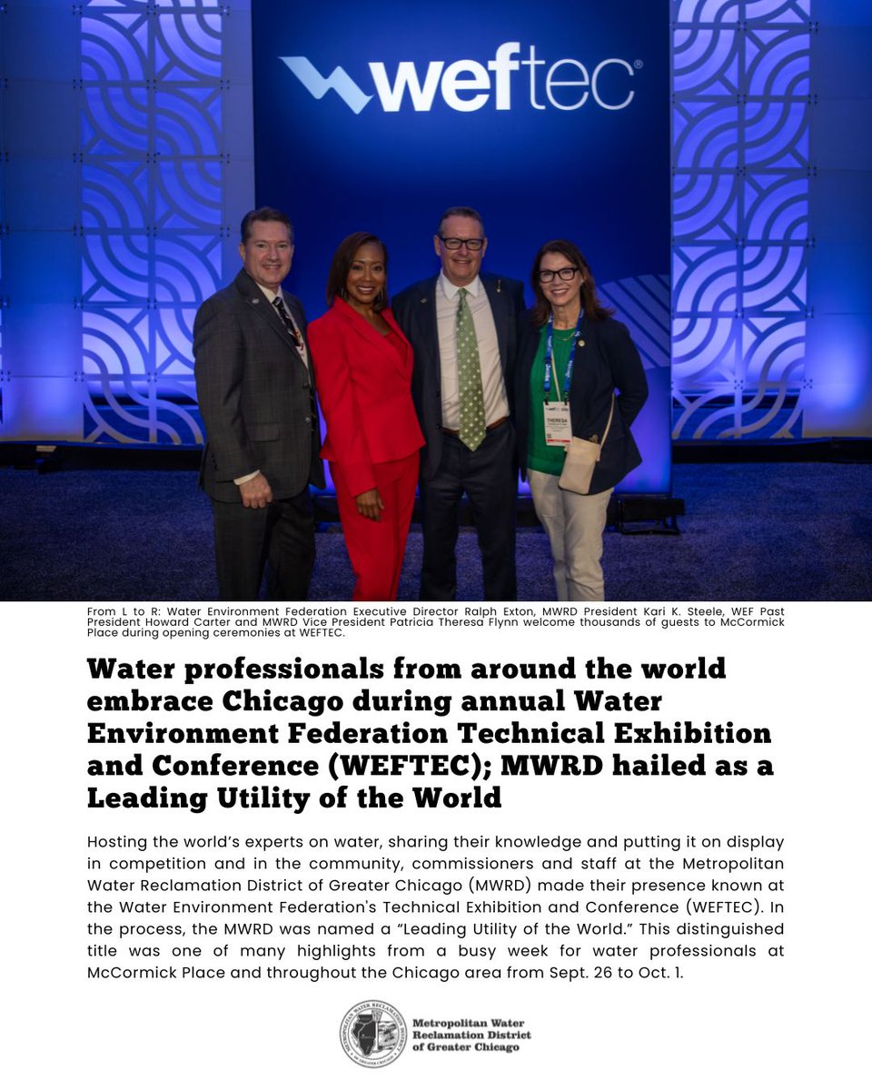 MWRDGC's tweet image. Hosting the world’s experts on water, sharing their knowledge &amp;amp; putting it on display in competition &amp;amp; in the community, commissioners &amp;amp; staff at the MWRD made their presence known at #WEFTEC. 

Learn more at MWRD.org/News:
➡️ mwrd.org/news/water-pro…

@weftec