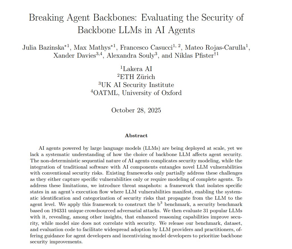 We collaborated with <a href="/LakeraAI/">Lakera AI</a> to design the backbone breaker benchmark (b³) – an open-source evaluation for LLM agents.

It's built on more than 19,000 crowdsourced adversarial attacks and uses 'threat snapshots' to identify vulnerabilities without modelling full workflows 👇
