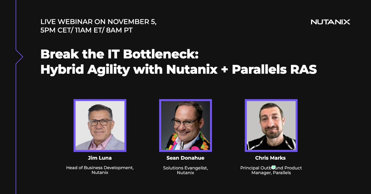 DiRouse1209's tweet image. IT bottlenecks slowing you down?

Discover how Nutanix + Parallels RAS simplify VDI, remote app delivery &amp;amp; hybrid IT management.
🗓️ Nov 5 | ⏰ 8AM PT / 11AM ET / 5PM CET
🎥 Live demo + expert insights
🔗 Register: bit.ly/4o3rMdW

#VDI #HybridIT #RemoteApps #Webinar