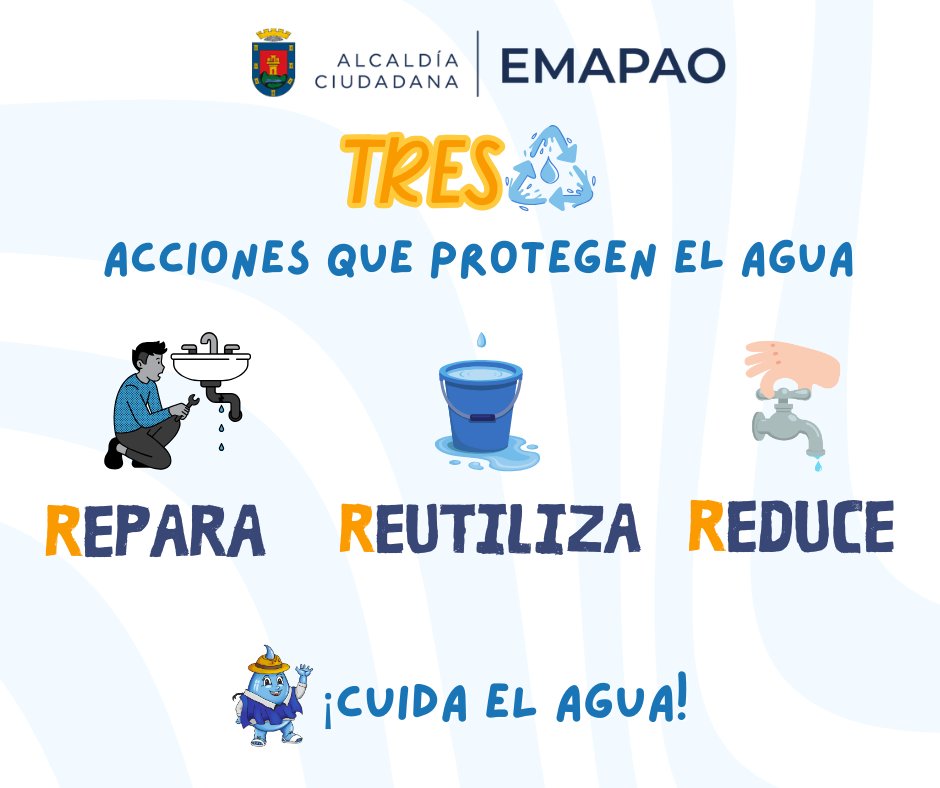 𝟯𝗥 𝗗𝗘𝗟 𝗖𝗢𝗡𝗦𝗨𝗠𝗢 𝗥𝗘𝗦𝗣𝗢𝗡𝗦𝗔𝗕𝗟𝗘 𝗗𝗘𝗟 𝗔𝗚𝗨𝗔
Pequeñas acciones que generan grandes cambios. 
𝙍𝙀𝘿𝙐𝘾𝙀 el uso y desperdicio
𝙍𝙀𝙐𝙏𝙄𝙇𝙄𝙕𝘼 siempre que sea posible
𝙍𝙀𝙋𝘼𝙍𝘼 fugas sin esperar
#EMAPAO
¡𝙀𝙡 𝙩𝙧𝙖𝙗𝙖𝙟𝙤 𝙣𝙤 𝙨𝙚 𝙙𝙚𝙩𝙞𝙚𝙣𝙚!