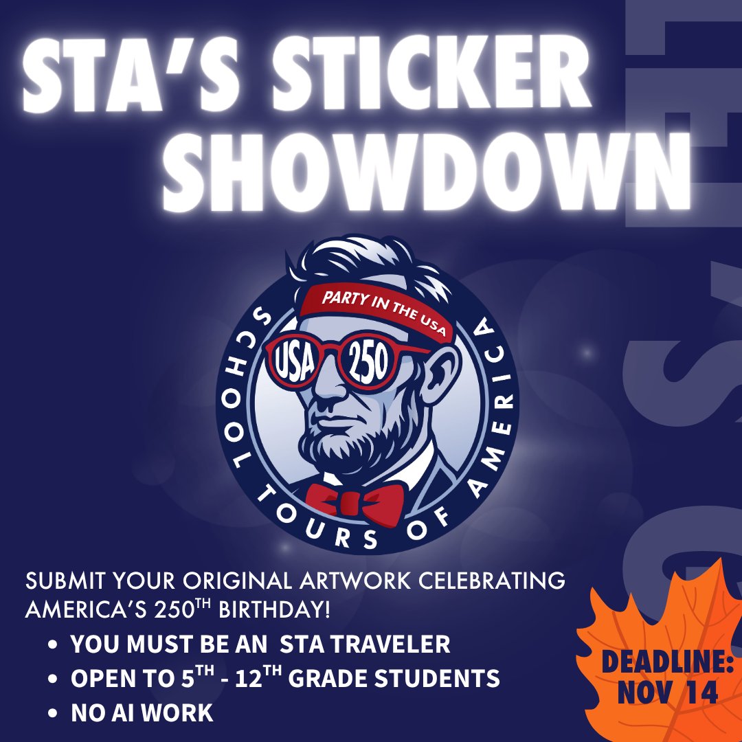 SToursofAmerica's tweet photo. 👻 Don't be spooked! The deadline for our Sticker Showdown celebrating America's 250th birthday is coming up fast! Follow the entry instructions and learn more on our website here: https://t.co/X3QWzHWRC7

#studenttravel #educationaltours #stickershowdown #schooltoursofamerica https://t.co/7wIZ1PSZXq