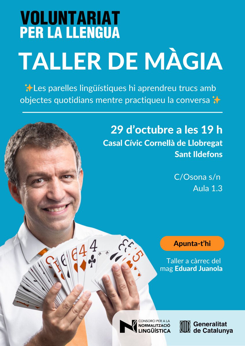 Ets participant del Voluntariat per la llengua o alumne del CNL Baix Llobregat Centre?
Vols venir demà al taller de màgia. Encara hi ets a temps. T’encarà!
Truca al 93 685 24 32 o al 634 757 332
<a href="/rosesvxl/">CNL Baix Llobregat Centre VxL</a> <a href="/SLCCornella/">SLC de Cornellà de Llobregat</a> <a href="/DeEsplugues/">SLC-Esplugues de Llobregat</a> <a href="/slcsantjoandesp/">SLC Sant Joan Despí</a>