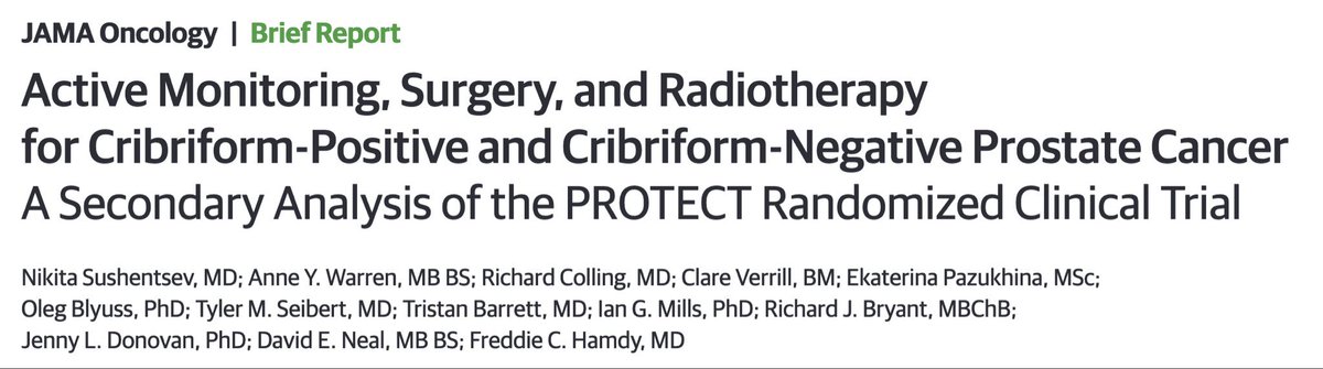 📊 PROTECT trial (15-year analysis):
Metastasis rates in prostate cancer by cribriform status 👇
• Cribriform+: Active monitoring 25%, Surgery 26%, RT + ADT 8%
• Cribriform–: 7%, 4%, 3%

👉 Cribriform– disease = low long-term risk; Cribriform+ = high risk, mitigated by RT+ADT