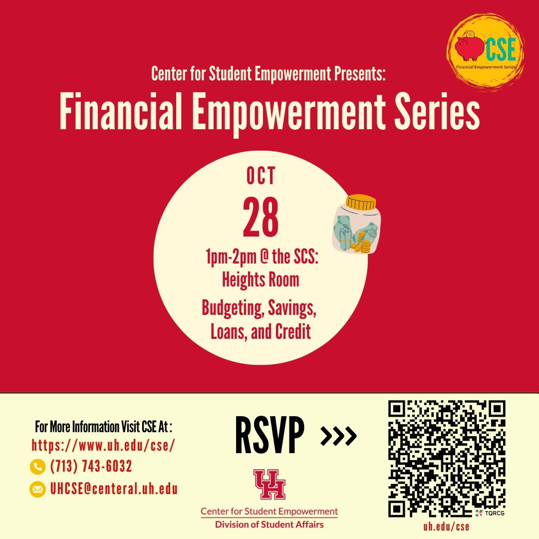 COOGS! Join us TODAY for the Financial Empowerment Series hosted by the CSE in collaboration with Bauer
@uhbauercollege🎉 
Day- Oct 28, 2025 
At- Student Center South: Heights Room  
From- 1:00pm-2:00pm  
Expect games, giveaways, and talk about building your financial future
