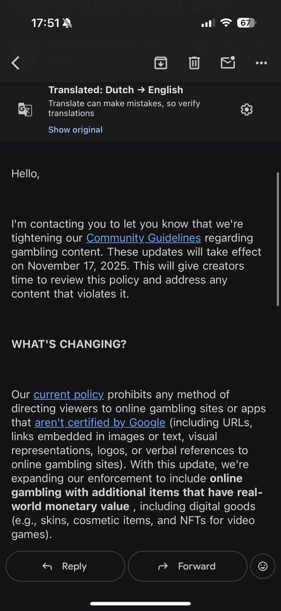 CsNeok's tweet image. Just got an email from YouTube. Turns out they are going to ban skin gambling adverisements on November 17, 2025. (Unless the site/casino is certified by Google) 😳 HUGE