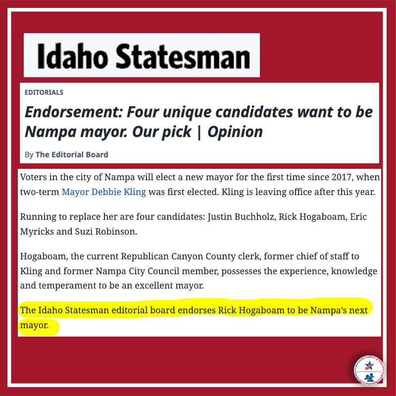 Nampa, ID: <a href="/RickHogaboam/">Rick Hogaboam</a> picks up Idaho Statesman endorsement. idahostatesman.com/opinion/editor…