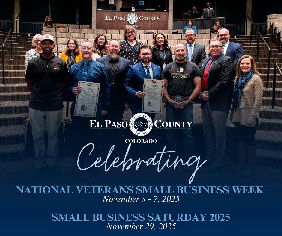 The El Paso County Board of Commissioners recognizes November 3rd through November 7th, 2025, as National Veterans Small Business Week and November 29th as Small Business Saturday.

The Board encourages residents to invest in our community by supporting our local small businesses