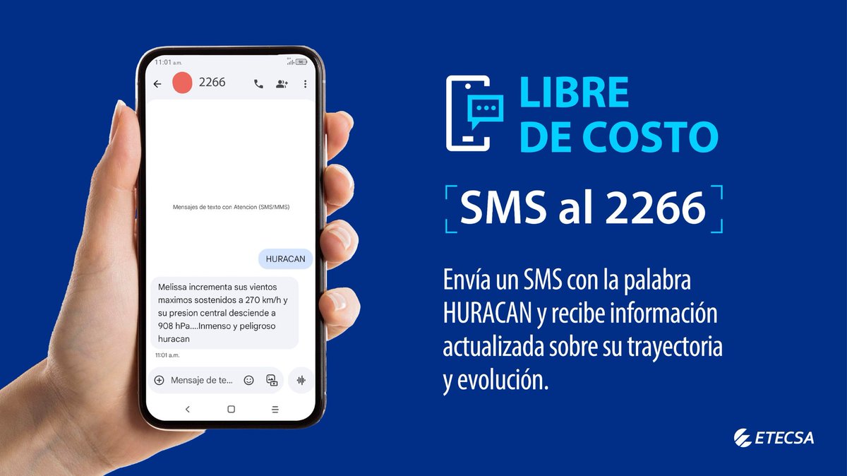 #PreparadosYAlertas‼️
A través del 2266 podrás mantenerte informado sobre el paso de #Melissa 🌀 por #Cuba 🇨🇺.
📌 Debes enviar un SMS con el texto "Huracan" sin tilde y sin espacio detrás de la palabra 😉.
#TemporadaCiclónica ⛈️