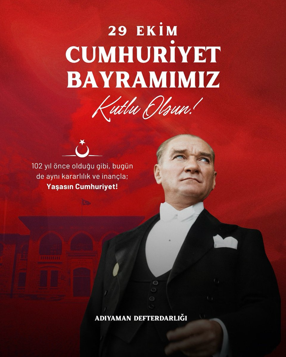 🇹🇷 Cumhuriyetimizin 102. yıl dönümünü büyük bir gurur ve coşkuyla kutluyoruz.

Başta Gazi Mustafa Kemal Atatürk olmak üzere, bu vatanı bizlere emanet eden tüm kahramanlarımızı saygı ve rahmetle anıyoruz.

Cumhuriyetimiz, milletimizin azim ve kararlılığıyla ilelebet var olacaktır.