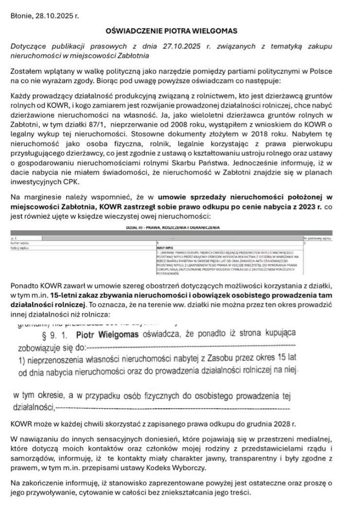 KOWR MA CZAS NA ODKUPIENIE DZIAŁKI DO 2028 ROKU!
Oto całość oświadczenia pana Wielgomasa w sprawie działki w Zabłotni wysłane do mediów. KOWR może odkupić działkę w TEJ SAMEJ CENIE po jakiej ją sprzedał!
<a href="/MichalCzarnik/">Michał Czarnik</a> <a href="/spalinskipatryk/">Patryk Spaliński</a>