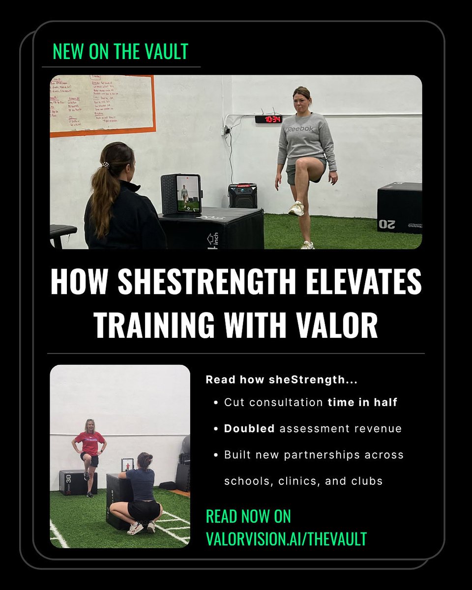 ValorVision_ai's tweet image. 🚨 New on The Vault: How sheStrength Elevates Training with Valor

💬 See how @SheStrength, a Kansas-based gym, cut consultation time in half, doubled assessment revenue, and built partnerships with schools, clinics &amp;amp; clubs.

Read more 👇
valorvision.ai/thevault

#valorvision