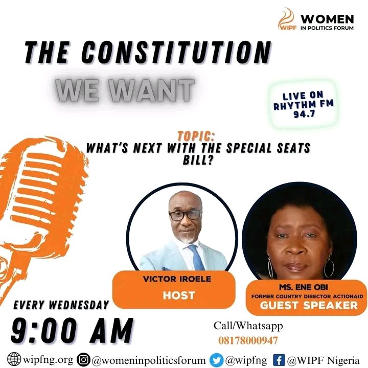 Ms. Ene Obi, Former Country Director @ActionAid_NG, will join #TheConstitutionWeWant on Rhythm FM 94.7, discussing “What’s Next with the Special Seats Bill?”

📻 Tune in every Wednesday, 9 AM!
#WIPF #SpecialSeatsBill
<a href="/unwomenNG/">UN Women Nigeria</a> 
<a href="/ActionAidNG/">ActionAid Nigeria</a> 
<a href="/PLACNG/">PLAC</a> 
<a href="/womenfundng/">Nigerian Women  Trust Fund</a> 
<a href="/WRAPANG/">WRAPA Nigeria</a>