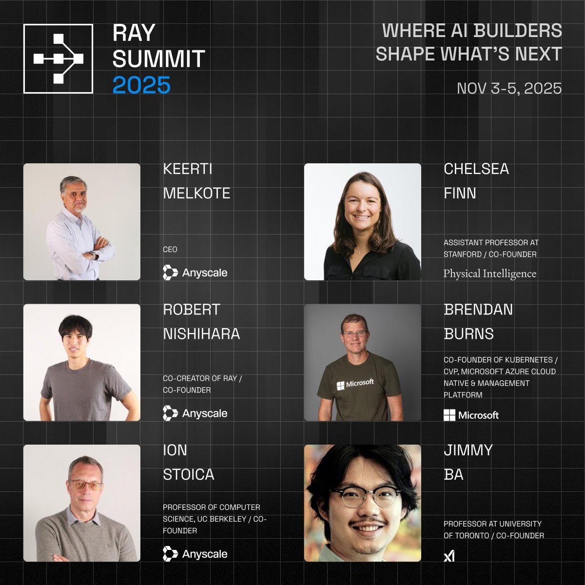 Infra that ships. Ideas that scale.
Keynotes at #RaySummit 2025: 
 • Chelsea Finn (robot learning, meta-learning)
 • Jimmy Ba (Adam optimizer, DL/RL)
 • Peter Ludwig (safe AI at scale)
Nov 3–5 SF
Save your seat: 🔗na2.hubs.ly/H01MYqw0