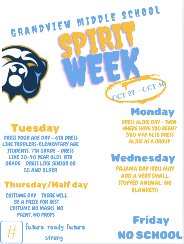 GMS Student Shandi Vaughan created flyers for our upcoming events! Let's give her a shoutout for a job well done! Upcoming GMS events:
October 27 - 30 - Spirit Week 
October 30th - Half Day (school releases at 12:15 pm) &amp; 1st Qtr Assembly.
October 31st thru November 4 - No School