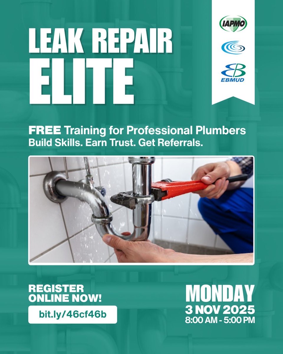 🔧Are you a plumber ready to level-up your leak detection skills? Register for this FREE training on Monday 11/3 in downtown Oakland, brought to you by <a href="/IAPMO/">IAPMO</a> @CALWEP and hosted by @EBMUD Lunch provided. Register now at bit.ly/46cf46b