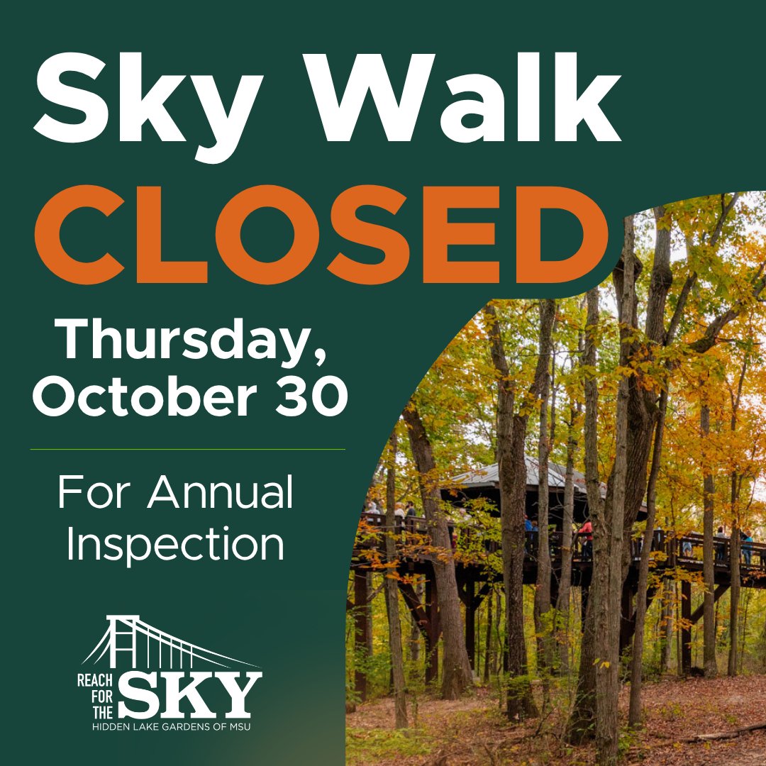 The Sky Walk at Hidden Lake Gardens will be closed Thursday, Oct 30 for maintenance—but it reopens Friday! ✨Open year-round 10 AM - 4 PM (weather permitting), it offers stunning forest views in every season. 🍂 #HiddenLakeGardensofMSU #SkyWalkViews