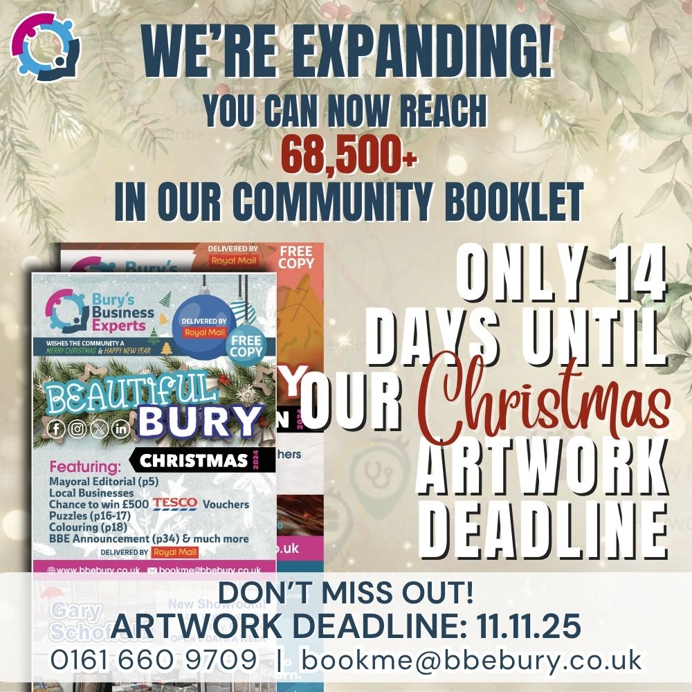 This Christmas, we’re expanding our reach - now delivering to over 68,500 properties in and around Bury 🏡✨

Our festive edition is packed with local businesses, festive cheer and over £700 in prizes 🎁 

👉 Call 0161 660 9709 or Email bookme@bbebury.co.uk