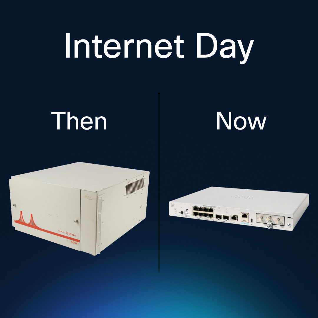 Cisco's tweet image. Happy #InternetDay 🌍
Then: Cisco AGS+
Now: Cisco 8200 Series
Decades apart, same goal —&amp;gt; powering the world’s connections through #innovation.