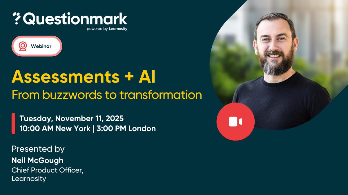 How can you trust AI to make a real impact on your learning program?
Join Neil McGough, CPO at Learnosity, for our upcoming webinar “Assessments + AI: From buzzwords to transformation” on 11th November 2025 |10am EST / 3pm BST