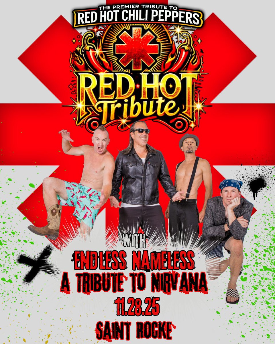 SaintRocke's tweet photo. *NEW SHOW* Prepare for a massive 90's rock showdown feat. Red Hot Tribute w/ Endless Nameless: A Tribute to Nirvana on Friday, 11/28! Don't miss this night of all your favorite anthems! 🎸

Doors at 7 PM, show starts at 8 PM.

Grab your tickets today 👉 https://t.co/xDIt3oqj0Y https://t.co/WSSwhPTTJp