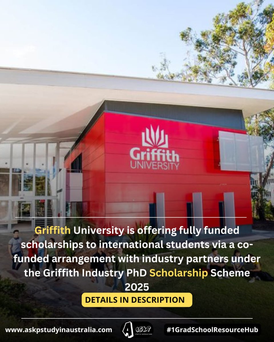Askpstudyin_Aus's tweet image. Applications are currently open for Griffith University Fully Funded PhD Scholarship through the Industry PhD Scholarship Scheme 2025

✅ Fully Funded PhD Scholarship
✅ Stipend: $50,000 AUD per year (up to 3.5 years)
✅ Deadline: Rolling (Apply early)

Thread
1/n 👇