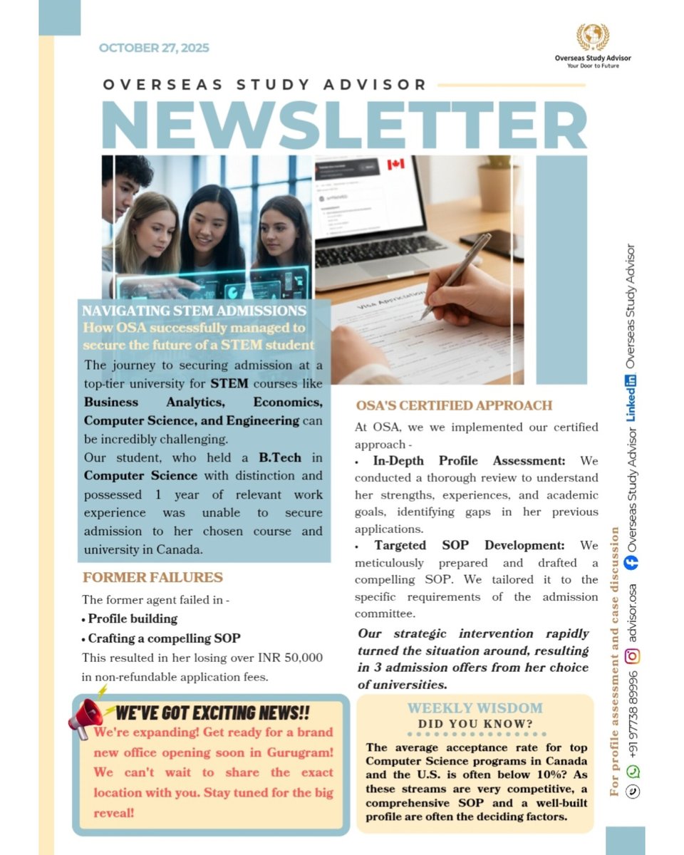 advisorOSA's tweet image. The truth about competitive STEM admissions: Great grades aren&apos;t enough! The solution? Certified profile assessment and a tailored SOP.

#osa #overseasstudyadvisor #globaleducation 
#StudyInCanada #STEMDegrees  #EngineeringAdmissions #ApplicationTips #VisaProcess