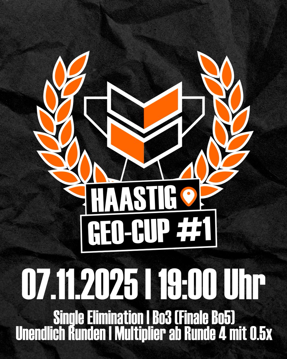 [#GeoGuessr]

Wir freuen uns euch den 1. HAASTIG GEO-CUP  ankündigen zu können! 

Am 07.11. geht ab 19:00 Uhr das Turnier online! Anmelden könnt ihr euch auf unserem Discord (Link in den Kommentaren)