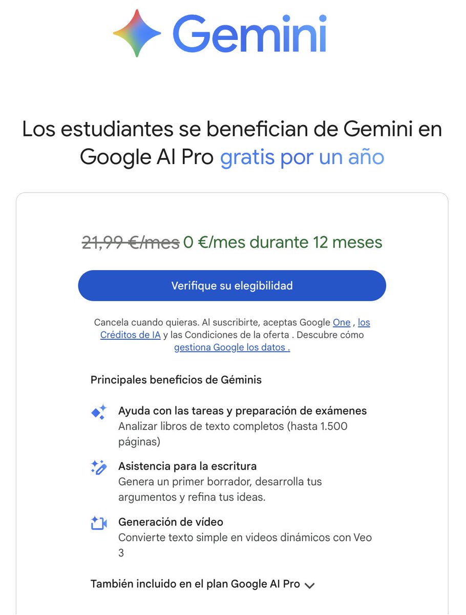 Recordatorio amistoso: puedes obtener Google AI Pro gratis si eres estudiante.

Tendrás acceso a:

- NotebookLM con límites más altos
- Aplicación Gemini con 2.5 Pro y Veo
- Gemini en Gmail, Docs, Sheets, etc.
- Deep Research
- Jules con límites ampliados
- Ayuda con tareas /