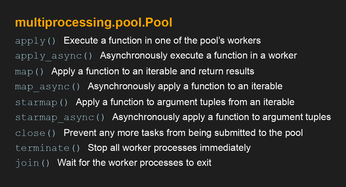SuperFastPython's tweet image. multiprocessing.pool.Pool API
#Python #Concurrency
