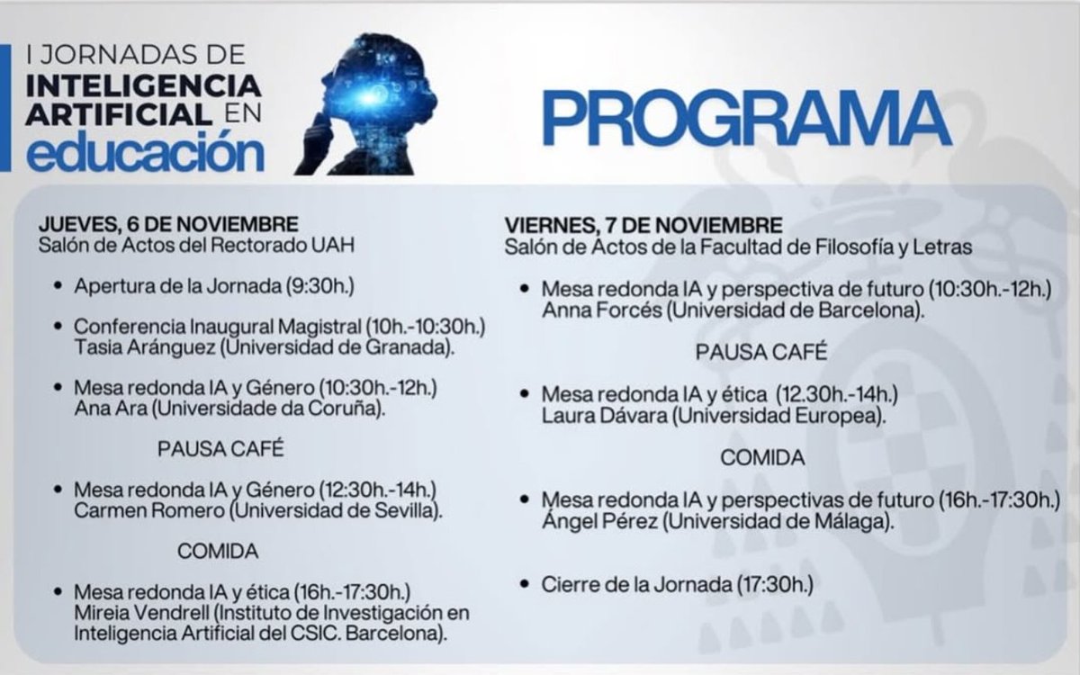 Descubre cómo la IA está transformando el mundo y qué retos éticos, científicos y sociales plantea apuntándote, antes del día 30, a las ‘Jornadas de Inteligencia Artificial en educación, género, ética y futuro’. ow.ly/cQVa50Xj4wH

Inscripciones: bit.ly/JornadasIA-UAH